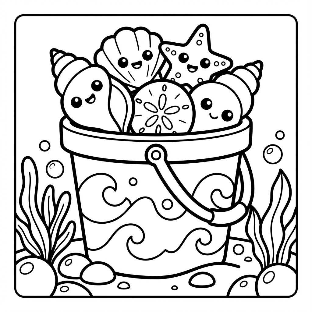 Smiling beach bucket with shells, a bold line coloring pages choice for simple shapes coloring bold lines.